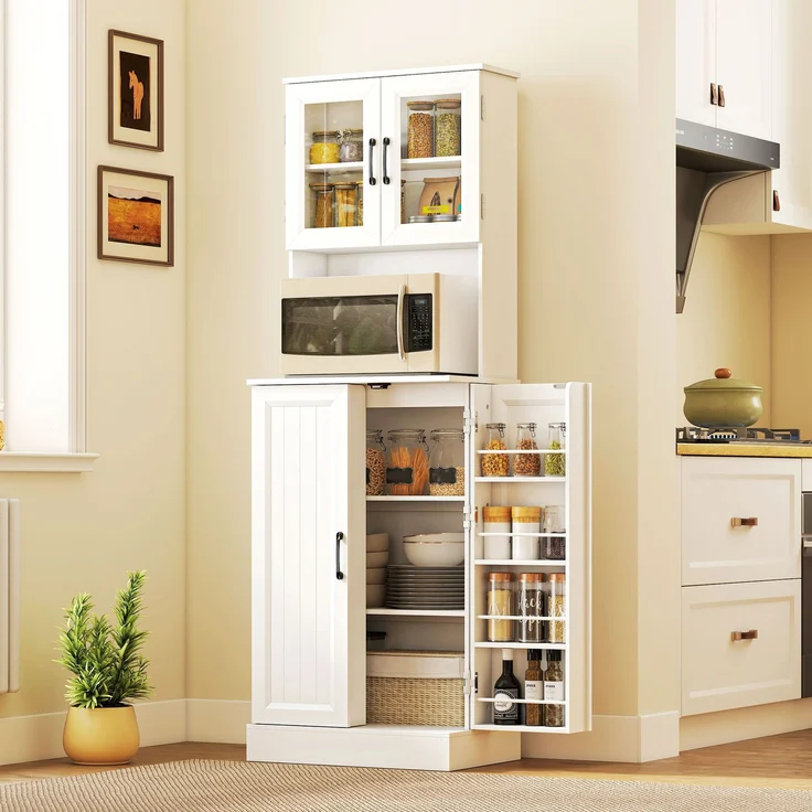 Wohnora-Küchenschrank, verstellbares Regal, Arbeitsplatte, Acryltüren, Kabelloch, für Wohnzimmer, Küche, Esszimmer, MDF, Weiß,H 1800cm x T 600cm x B 395cm – Bild 3