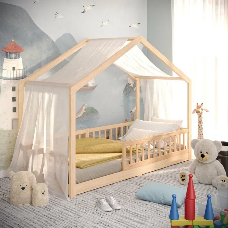 CADANI Kinderbett Malte Hausbett Bodenbett - Rausfallschutz abnehmbar - bis 200 kg (90x200 cm, Montessori Kinder- & Jugendbett aus Kiefer Massivholz), inkl. stabilem Roll-Lattenrost, langfristig nutzbar, Natur – Bild 1