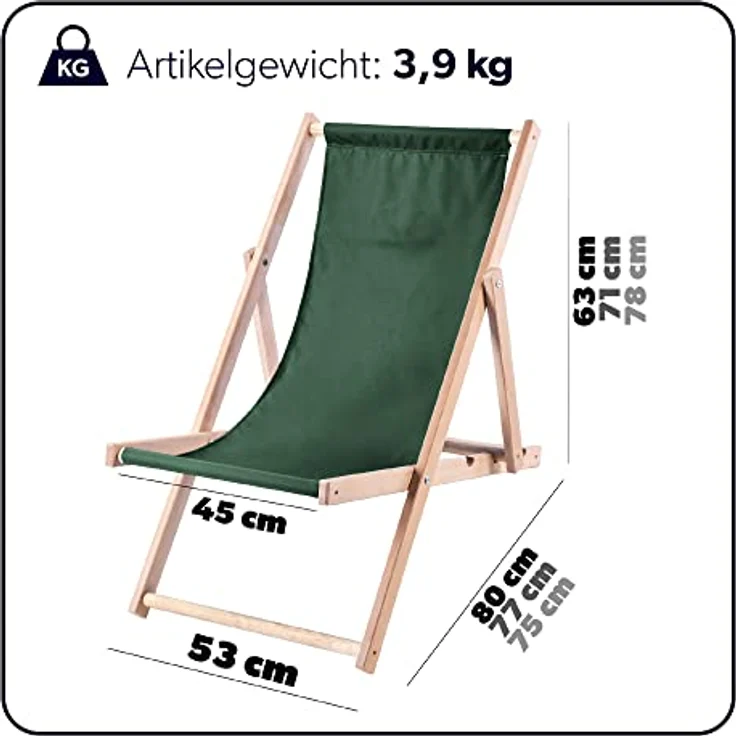 Kadax Holzliegestuhl, klappbar, Dunkelgrün, Buchenholz, 53x78 cm, robust und UV-beständig, bis 120 kg tragbar – Bild 2