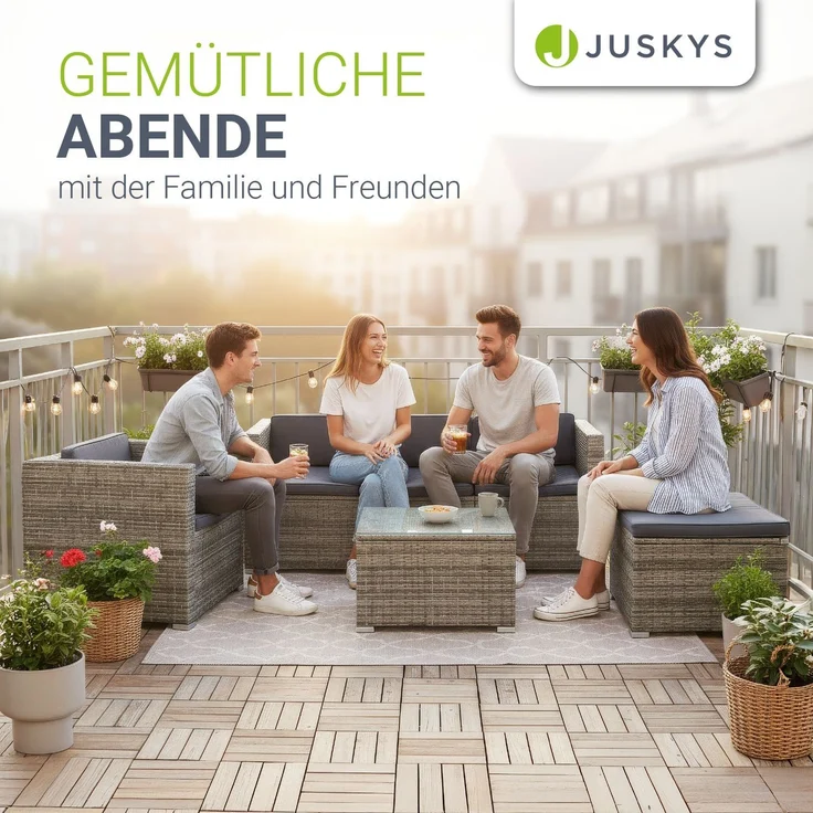Juskys Polyrattan Lounge Punta Cana L grau-meliert inkl. Abdeckung – Gartenlounge für 4-5 Personen – Sitzgruppe mit Sessel, Sofa, Tisch & Hocker - Sitzbezüge Grau – Bild 7