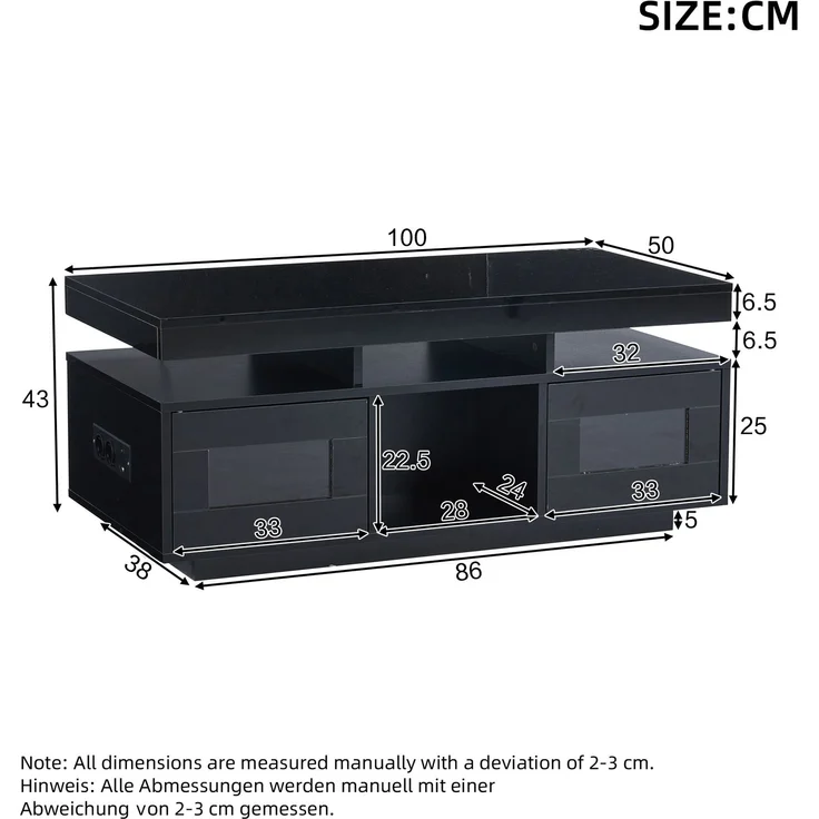 EINHOM 100 x 50 x 43 cm Schwarz Hochglanz-Couchtisch, mit Per Mobiler APP Steuerbaren LED-Leuchten, Wohnzimmertisch mit Schrank, Sofatisch mit Ladeanschluss und Steckdose, Geeignet für Büro, Arbeitszimmer – Bild 2