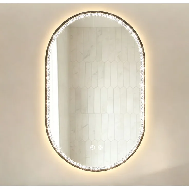 Badezimmerspiegel H 4 x T 50 x B 80 cm mit LED-Beleuchtung, Antibeschlagfunktion und schwarzem Aluminiumrahmen