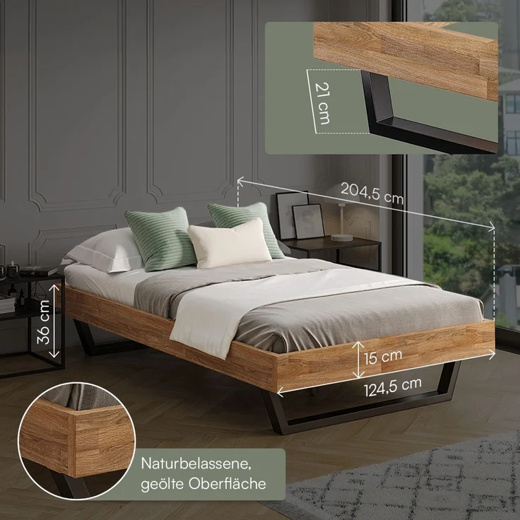 skølm 'Alver' Bett 120x200 cm, Bettgestell, natur geölt, Massivholzbett aus Eiche mit Metallkufen, Doppelbett ohne Bettkopf – Bild 6