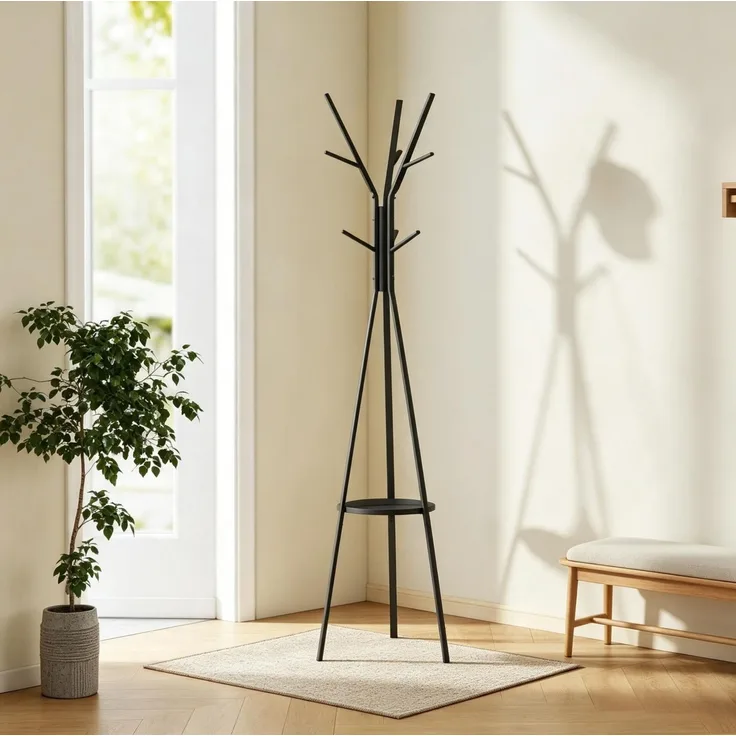 Garderobenständer 45 x 45 x 180 cm mit 9 Haken und Ablage – aus Metall und MDF, Schwarz