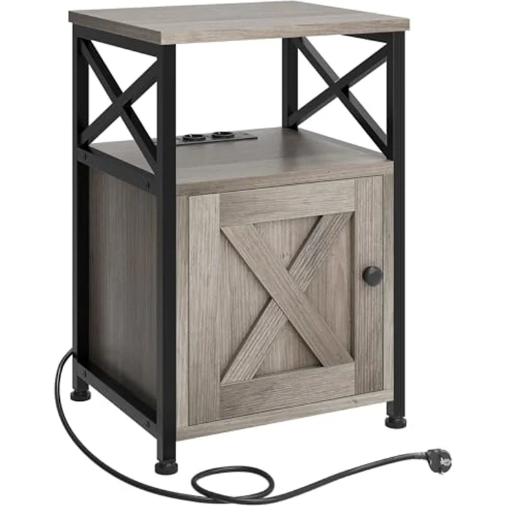 YITAHOME Beistelltisch, Nachttisch mit Kabinett, X-förmiger Couchtisch mit Ladestation, 2 USB-Anschlüssen und Steckdosen, Nachtkommode für Wohnzimmer, Metallrahmen, Schlafzimmer, Metallrahmen, Grau – Bild 1