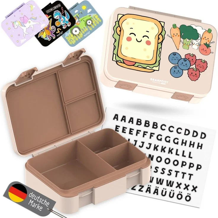 BEARFOOT Lunchbox Brotdose mit Fächern, leicht & auslaufsicher -Sandwich braun, PP, ABS, Silikon, Kindergarten und Schule - Mädchen und Jungen, Vesperbox, Snackbox