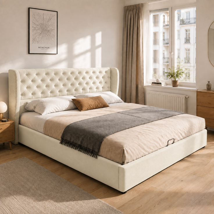 Polsterbett Ohrenform Samtstoff Große Knopfnähte Doppelbett 160*200, Hydraulisches Funktionsbett mit Lattenrost und Stauraum, Bettkasten mit schmutzabweisendem Samtstoff bezogen, beige – Bild 3