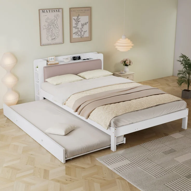 TavilaEcon Einzelbett Holzbett, Funktionsbett mit LED-Lichtleiste und gepolstertem Kopfteil weiß Liegefläche 120 × 200 cm – Modell N622D765960W – Bild 3