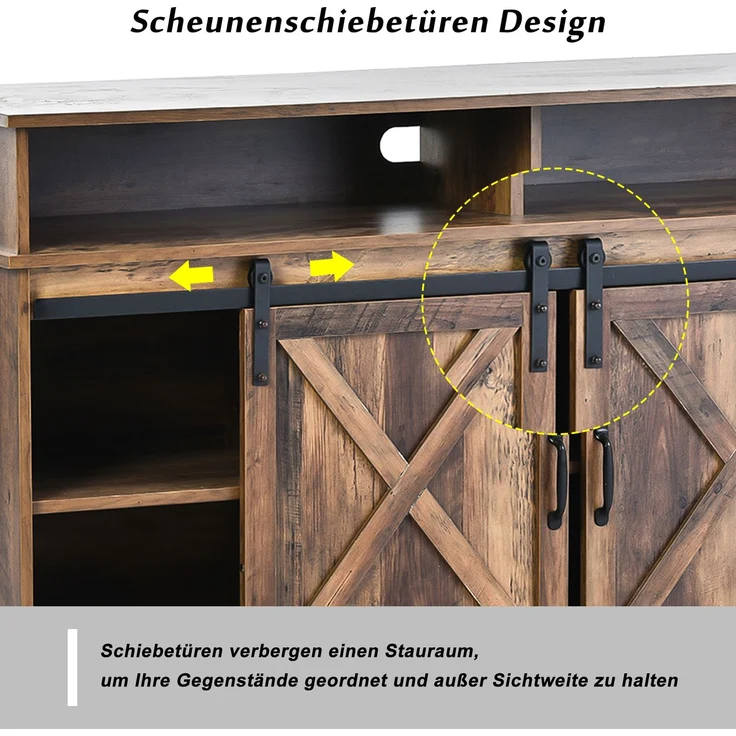 TV-Schrank 148 x 40 x 78 cm für Fernseher bis 65 Zoll, Rustikales Design mit Schiebetüren, 8 Ablagefächern, 2 höhenverstellbaren Regalen – Bild 6