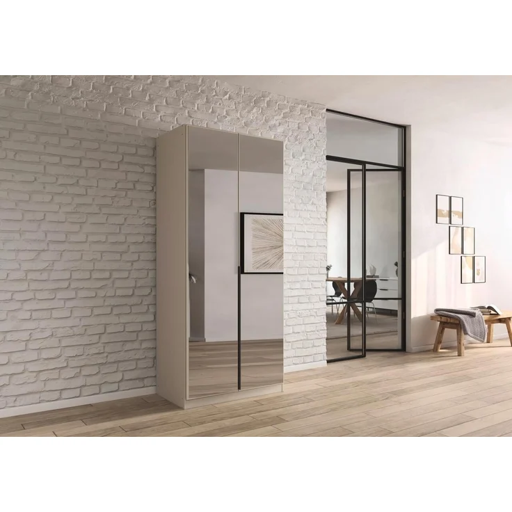 Rauch Möbel Alabama, Kleiderschrank, Garderobenschrank, 2-türig, Spiegel, Zubehör Basic, 1 Kleiderstange, 2 Einlegeböden, Farbe Beige, Griff Grau metallic, 91 x 229 x 54 cm – Bild 2