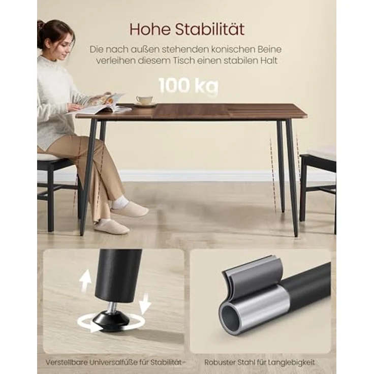 VASAGLE Esstisch für 4-6 Personen, Esszimmertisch, Küchentisch im Landhausstil, hitzebeständige Tischplatte, schneller Aufbau, 75 x 140 x 75 cm, naturwalnussfarben-tintenschwarz KDT100KE02 – Bild 5