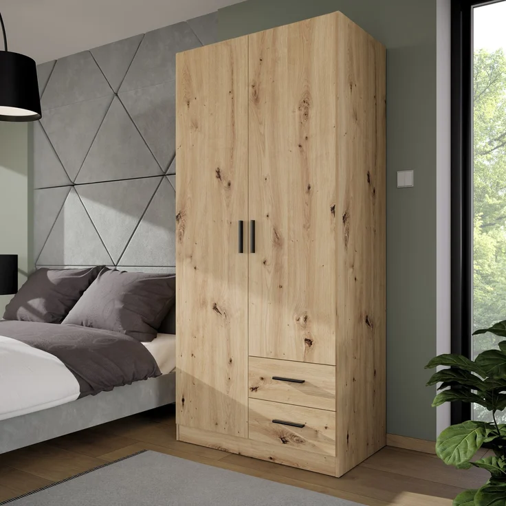 Forte JOAKIM Kleiderschrank 90, Skandi-Stil Schrank, 2-türig, 2 Schubladen, Einlegeböden, Kleiderstange, Holzwerkstoff, Artisan Eiche Holzdekor, 90,8 cm breit x 197 cm hoch x 54 cm tief – Bild 1