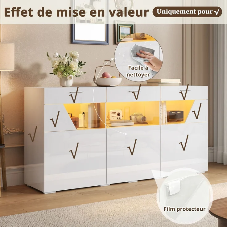 ZUBALIYA Sideboard 160x38x78 cm, mit LED-Beleuchtung, Hochglanz, mit 3 Türen, aus Spanplatte, Weiß – Bild 18