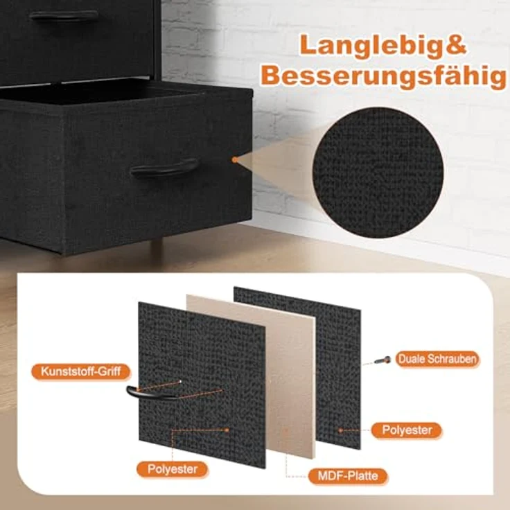 DUMOS Kommode für Schlafzimmer mit Stoffschubladen hohe Organizer für Kleidung Schrank Kinderzimmer Aufbewahrungsturm mit Schrank Metallrahmen Holzplatte leichte – Bild 6