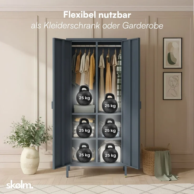 skølm 'Ituri' Kleiderschrank, Metall, 170x45x80 cm, anthrazit, Garderobe mit 4 Fächern und 2 Kleiderstangen – Bild 5
