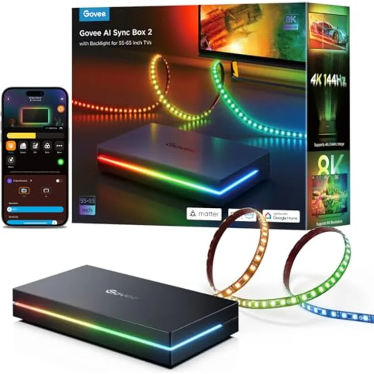Govee HDMI 2.1 Sync Box Kit 2, TV Hintergrundbeleuchtung, AI Sync Box, RGBIC LED Strip für 55-65 Zoll Fernseher, Matter Unterstützung