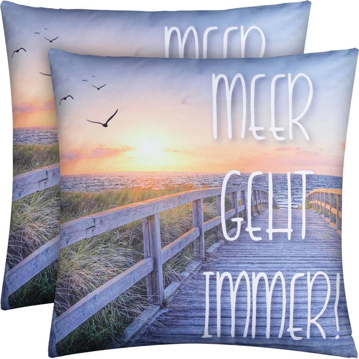 Outdoor Kissen mit Paspel ( 45 x 45 cm ) Dekokissen Garten - Reißverschluss - Schmutz- und Wasserabweisend - abnehmbarer Kissenbezug Meer geht Immer 2er-Pack
