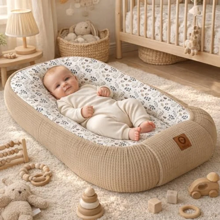 Babynest Nestchen Baby Set für Neugeborene – 5-teilig – Kuschelnest aus 100% Baumwolle & Waffelpique – Babykokon tragbar – für Babybett, Kinderbett & Kinderwagen – OEKO-TEX - Zweige und Braun – Bild 2