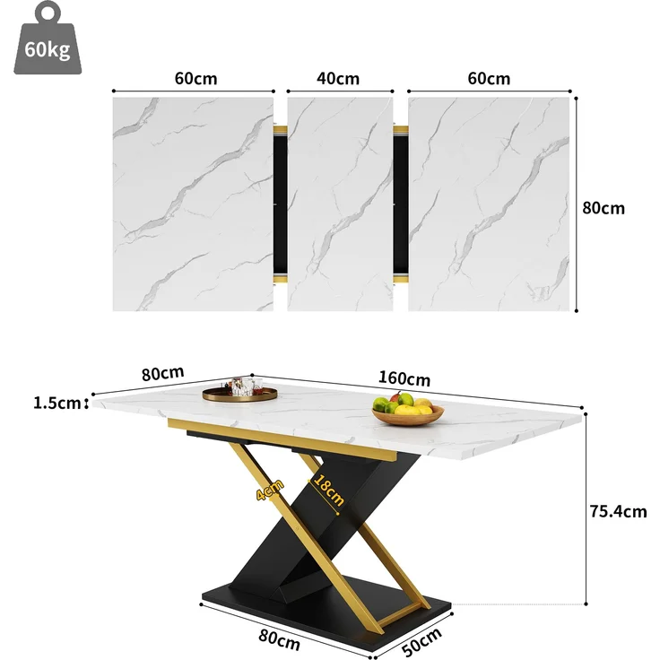 Ausziehbarer Esstisch 120-160x80x75,4 cm, Marmoroptik, goldene Kreuzbeine – Bild 10