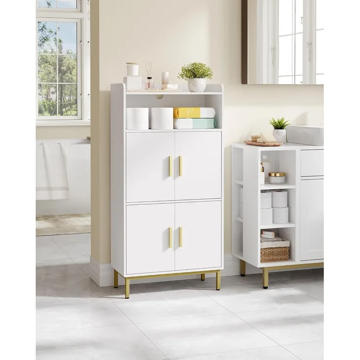 Badezimmerschrank, Badschrank, Küchenschrank, Aufbewahrungsschrank, 4 Türen und 1 offener Bereich, Verstellbare Ablage, Badezimmer, Wohnzimmer, Arbeitszimmer, 30 x 60 x 120 cm, Weiß