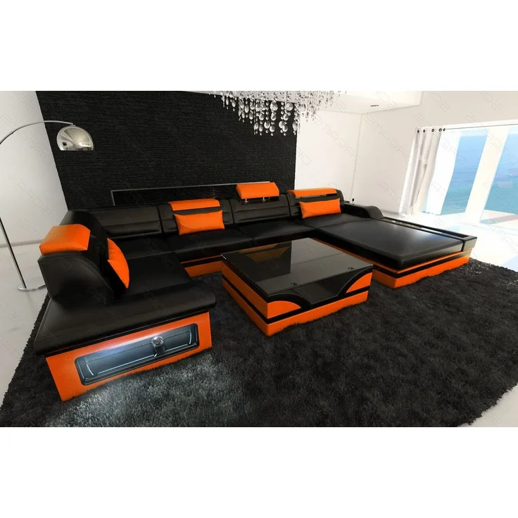 Luxus Wohnlandschaft Mezzo mit LED - Echtleder - schwarz-orange - Rechts – Bild 3