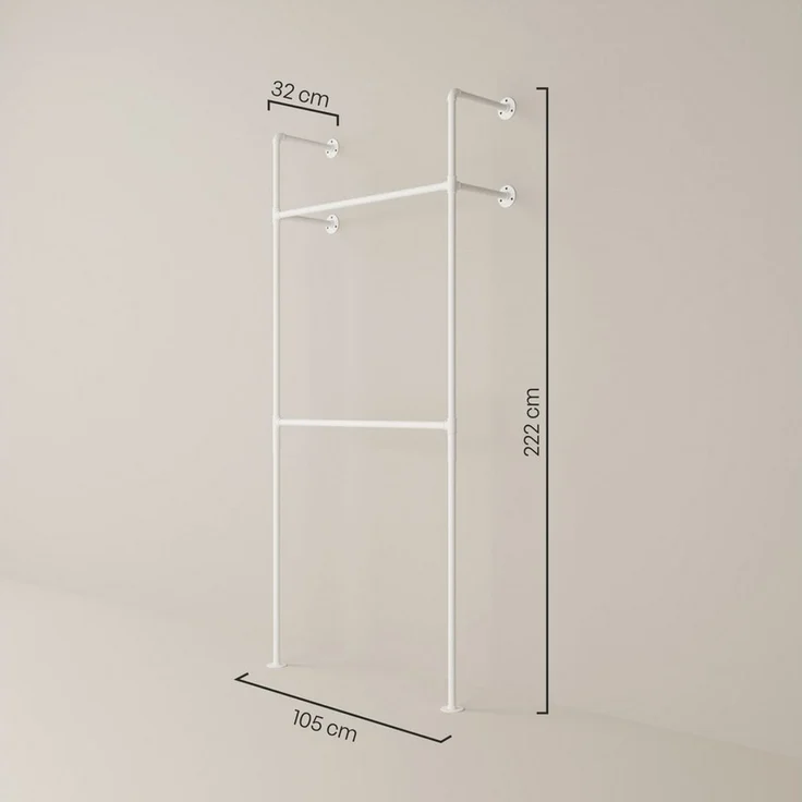 pamo. design Kleiderständer KIM DOUBLE Industrial Kleiderstange zur Wandmontage, (Set, 1), Offener Kleiderschrank / Garderobe aus weißen Wasserrohren
