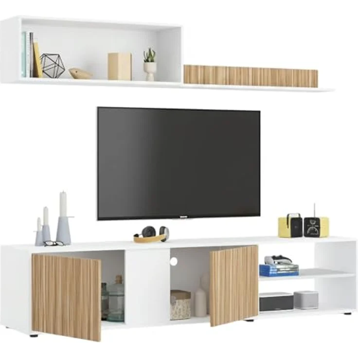 Dmora - Wohnzimmermöbel Titusville, TV-Ständer, Wohnzimmermöbel, Zusammensetzung des Wohnzimmersets, Wohnzimmerset mit Schrankwand, 180 x 33 x 40 cm, Weiß und Eiche – Bild 3