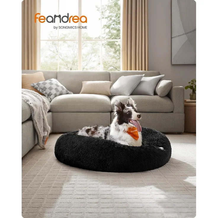 Feandrea Hundebett flauschig, Katzenbett, Donut Kissen, waschbar, Polsterung in der Mitte herausnehmbar, Langer Plüsch, 100 cm Durchmesser, tintenschwarz PGW042B01 – Bild 2