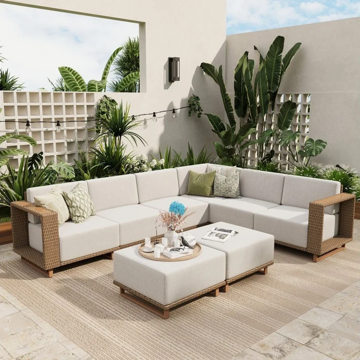 PHI VILLA Gartenlounge-Set, (Rattan Gartenmöbel Set Balkonmöbel, Allwetter Gartensofa Terassenmöbel Außen mit Dicken Weißen Kissen), Lounge Möbel Outdoor Sofa Sets für Garten und Terrasse – Bild 1