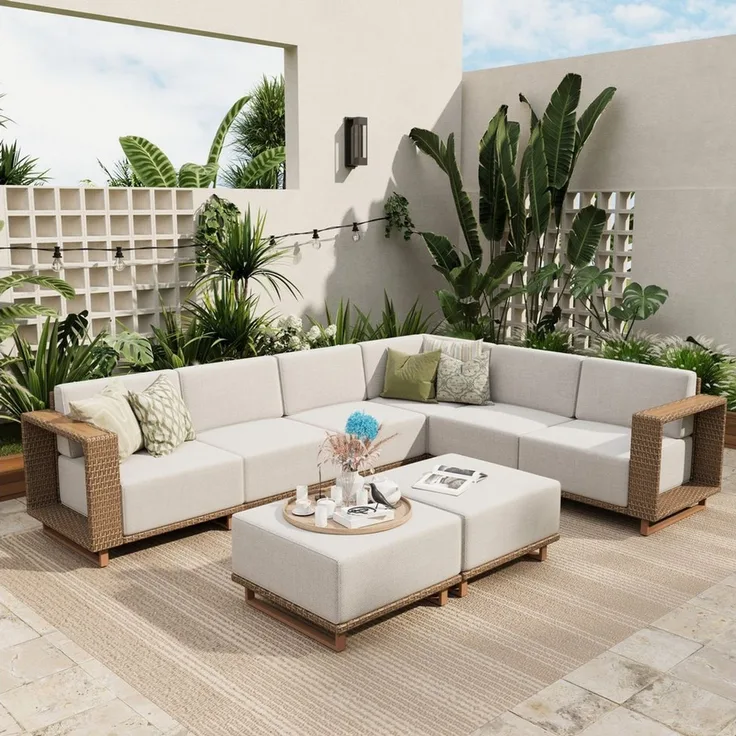 PHI VILLA Gartenlounge-Set, (Rattan Gartenmöbel Set Balkonmöbel, Allwetter Gartensofa Terassenmöbel Außen mit Dicken Weißen Kissen), Lounge Möbel Outdoor Sofa Sets für Garten und Terrasse