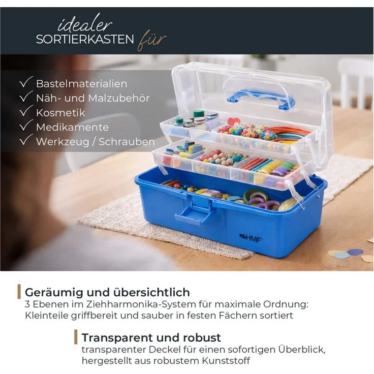 HMF Aufbewahrungsbox Nähkasten aufklappbar mit 3 Ebenen, Sortierbox mit 8 Fächern für, Kleinteile, 36,5 x 20,5 x 16 cm, Blau – Bild 1