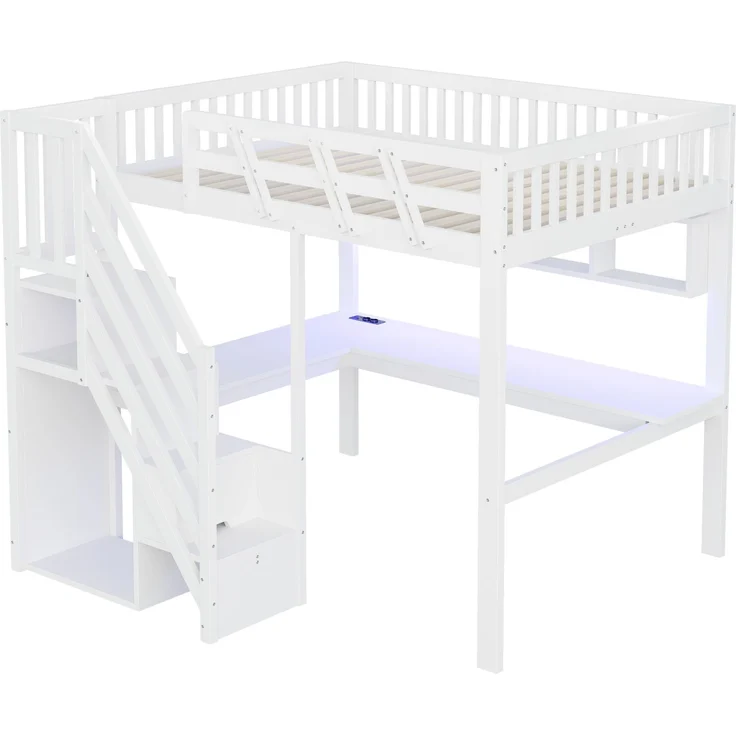 Rayofly-Massivholz Kinder Hochbett 140x200 cm, Stauraumtreppe, Schreibtisch, USB-Steckdose, LED-Licht, Jugend- und Einzelbett, H 140cm x T 200cm x B 140cm, Weiß – Bild 10