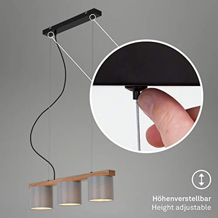 Briloner Pendelleuchte grau mit Holz Stoff, 3-flammig E14, Höhenverstellbar, IP20 – Bild 3