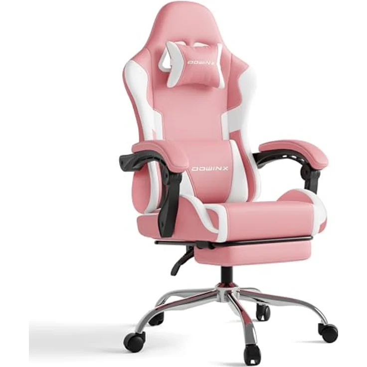 Dowinx Gaming Stuhl, Ergonomischer Gamer Stuhl für Büro und Home Office, Verstellbarer Bürostuhl mit Rückenlehne bis 150°, mit Fußstütze, Belastbar bis 180 kg, Rosa – Bild 1
