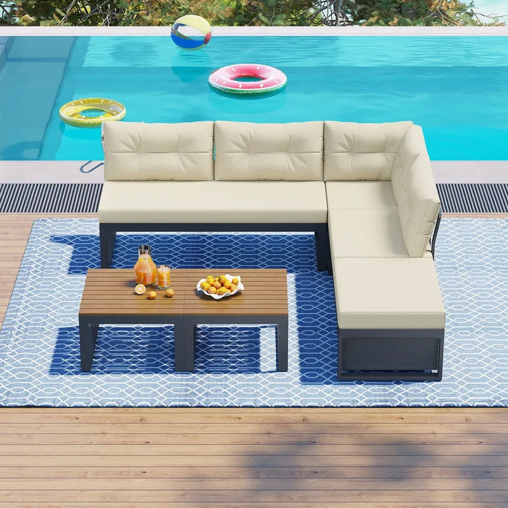 LVHOM Modulares 5-tlg. Gartenmöbel-Set, Gartensofa in L-Form mit verstellbarer Rückenlehne und Stauraum, Wetterfeste Sitzgruppe für Terrasse, Beige – Bild 10