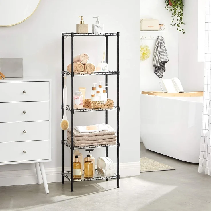 Songmics Küchenregal mit 5 Ebenen, Metallregal, Standregal, höhenverstellbare Gitterablage, mit PP-Kunststoffplatten, 8 S-Haken, für Küche, Wohnzimmer, bis zu 100 kg belastbar, schwarz LGR115B01 – Bild 7