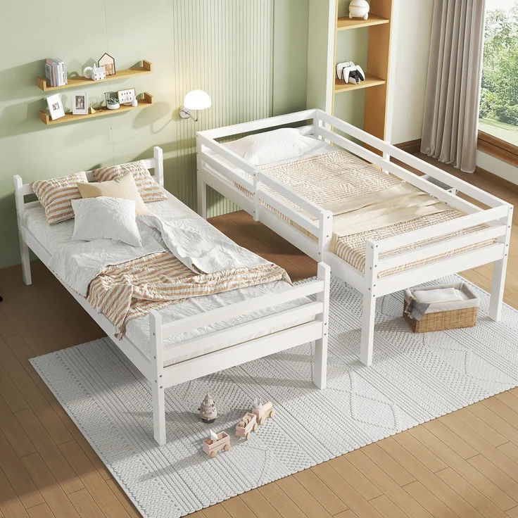 Kinder Etagenbett 2-in-1 mit Schuhregalen & Schließfächern, teilbar zu 2 Einzelbetten, weiß, Kinderzimmermöbel – Bild 3