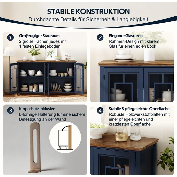 Merax 160cm Küchen-Sideboard mit Glastüren, einem geräumigen Staufach, einer Arbeitsplatte in Holzoptik und einer Kippsicherung, Blau – Bild 6
