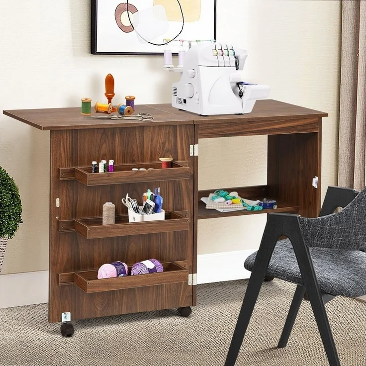 COSTWAY Regal-Schreibtisch, Nähschrank klappbar & rollbar, mit Stauraum, 118,5x40x79,5cm – Bild 2