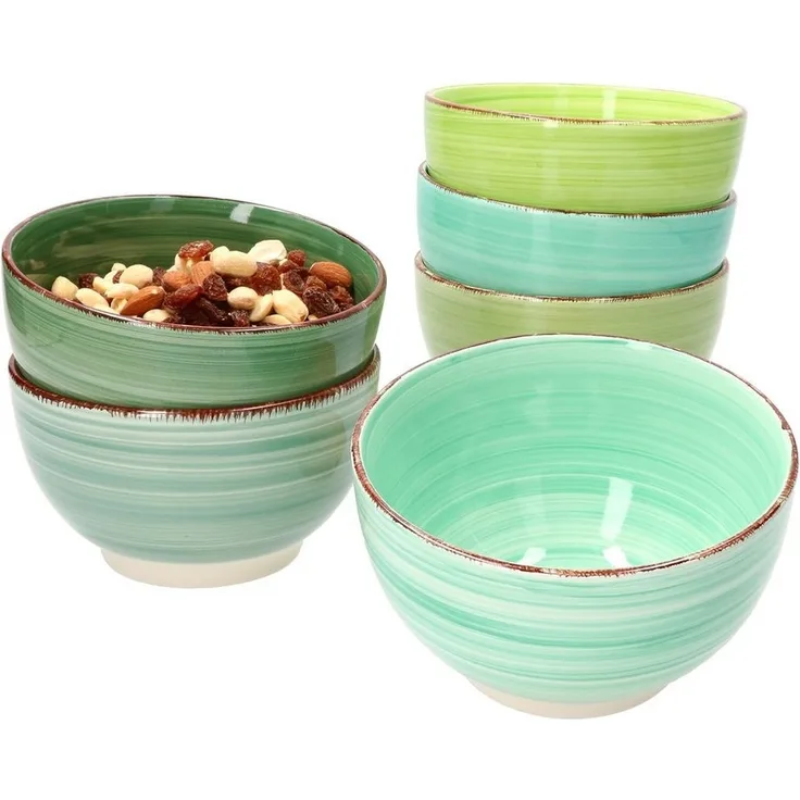6x Green Müslischalen grüner Landhausstil I Ø 14,2 cm - 500ml I Steingut