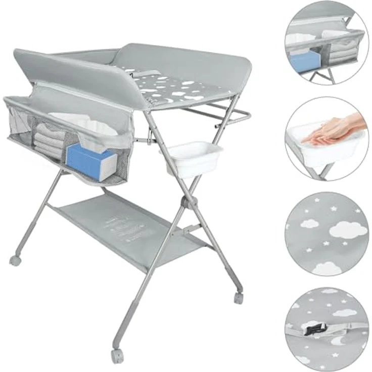 mobiler Wickeltisch mit Wickelaufsatz, Wickelkommode klappbar höhenverstellbar, Wickelkombi mit Sicherheitsgurt Aufbewahrungskorb Kleiderstange-80 * 58 * 90 cm-hellgrau – Bild 7