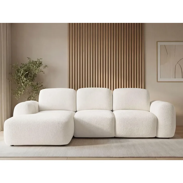 GRAINGOLD Ecksofa Avelin, Eckcouch für Wohnzimmer, L-Form mit Schlaffunktion und Bettkasten, Bouclé-Stoff, Creme, Links