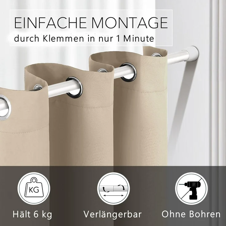 tinycurtains Türvorhang mit Stange weiß 55-90 cm ohne Bohren, Thermo Vorhang Tür, Ösen, abdunkelnd, Polyester, beige Driftwood, Türgardine mit Klemmstange Raumtrenner verdunkelnd – Bild 2
