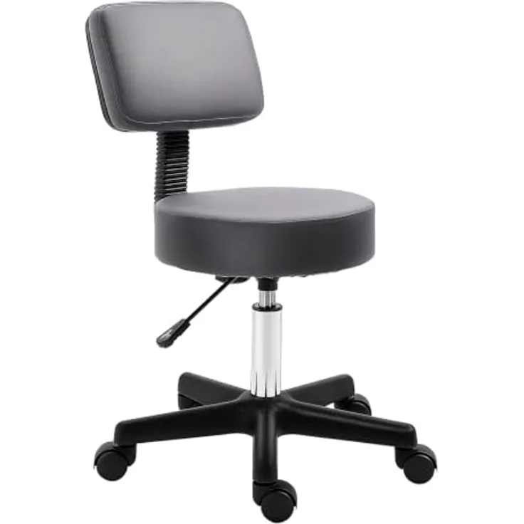 HOMCOM Rollhocker Höhenverstellbarer Arbeitshocker mit Lehne, Drehbarer Salon Hocker für Massage Büro Kunstleder Grau Ø35x72-84 cm