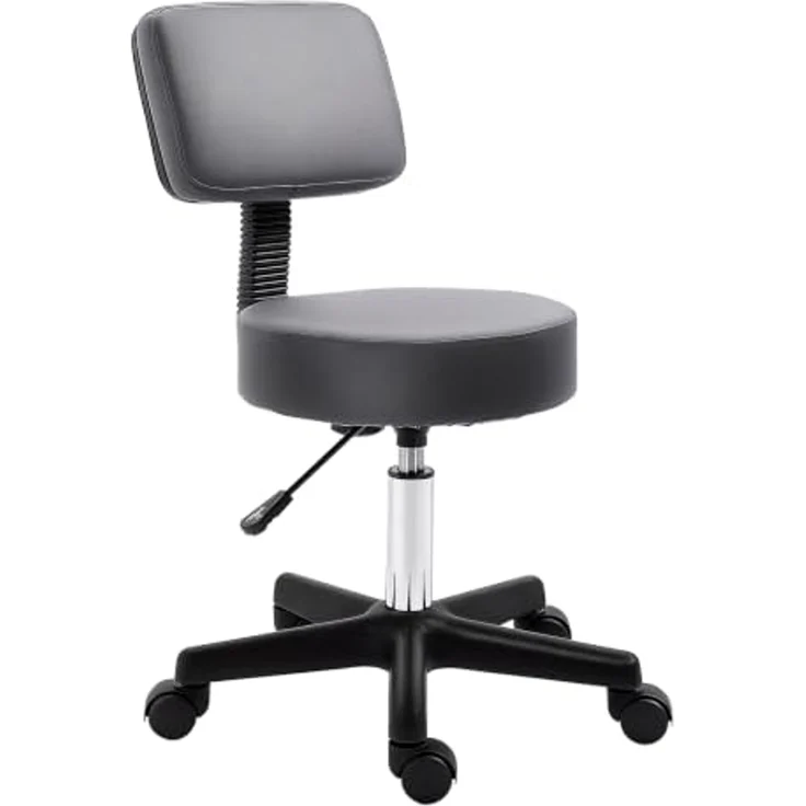 HOMCOM Rollhocker Höhenverstellbarer Arbeitshocker mit Lehne, Drehbarer Salon Hocker für Massage Büro Kunstleder Grau Ø35x72-84 cm – Bild 1