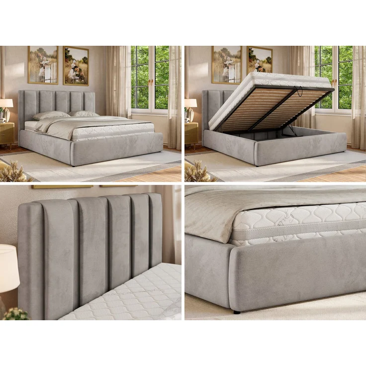 Polsterbett SAVINO CLASSIC mit Bettkasten und Lattenrost Doppelbett 200 x 200 cm mit hohem Kopfteil Stauraumbett Bett mit Gasdruckfeder - Hellgrau Velvet - Pocket Matratze - VIRE LUX – Bild 2