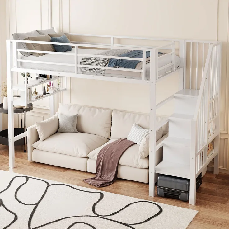 Hochbett mit Lattenrost, 90x200 cm, Metallbett mit Rausfallschutz, Regal, Treppe, Jugendbett, Kinderbett