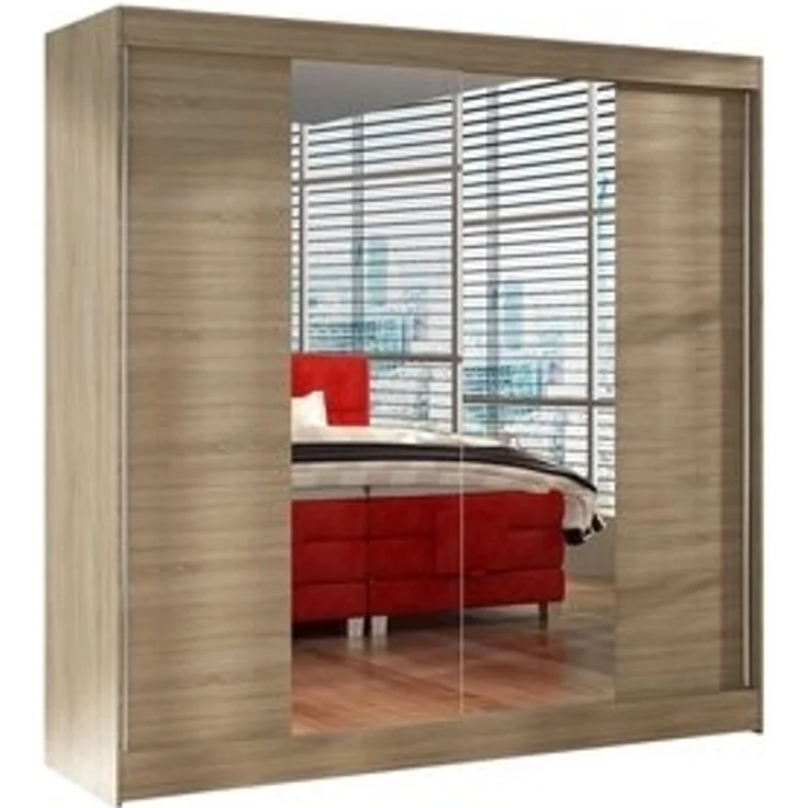 Schwebetürenschrank Basti II 200 cm mit Spiegel - Kleiderschrank, Schiebetürenschrank mit Kleiderstange und Einlegeboden, Schlafzimmerschrank, Schiebetüren, 200x215x58 cm (Sonoma) – Bild 6