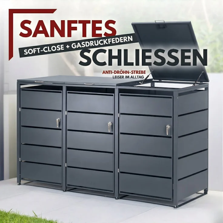 Albatros Mülltonnenbox 3er Tonne | bis 240 Liter | Anthrazitgrau RAL 7016 | verzinkter Stahl | Premium Dämpfer| Aufkleber-Set | wetterfest| verstellbare Füße| Türgriff mit Schloss | Gartenbox | entwickelt in Deutschland – Bild 2