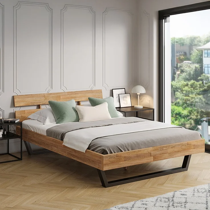 skølm 'Alver' Bett 140x200 cm, Bettgestell, natur geölt, Massivholzbett aus Eiche mit Metallkufen, Doppelbett mit Streben Bettkopf – Bild 1